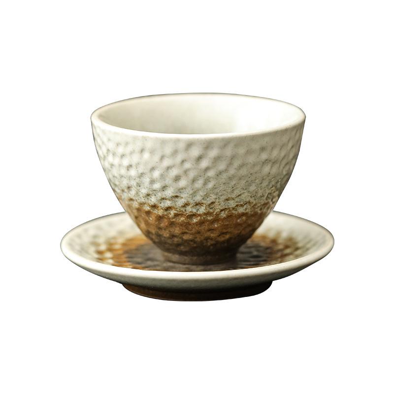 Handmade Jianzhan Coarse Pottery Teacup Set with Hammered Pattern - Retro Ceramic Kung Fu Tea Cup & Coaster