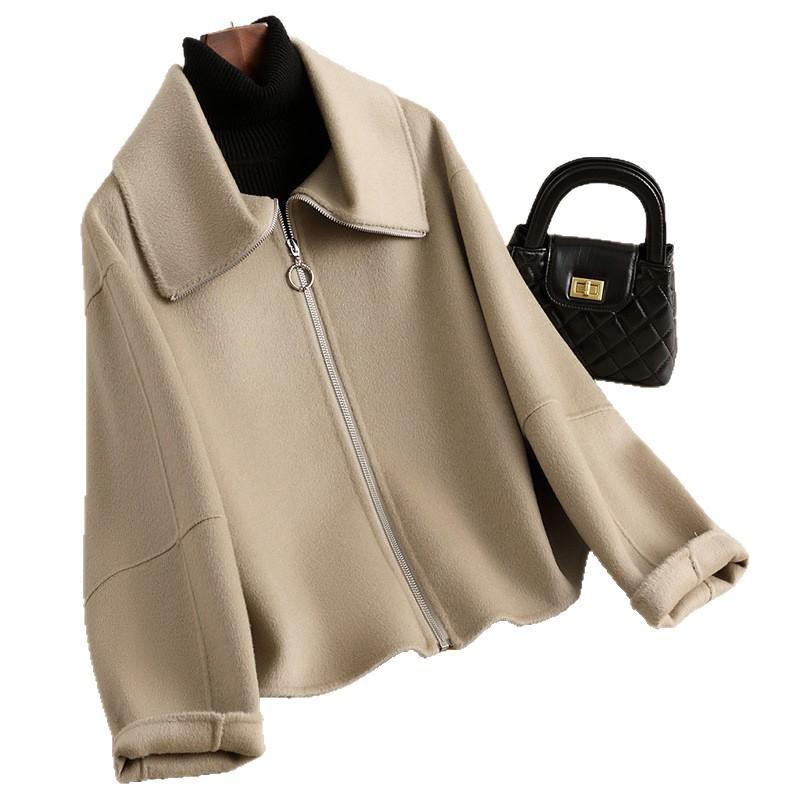 Double-sided Woolen Jacket Women's Short Autumn New Design Large Lapel Niche Zipper High-end Coat