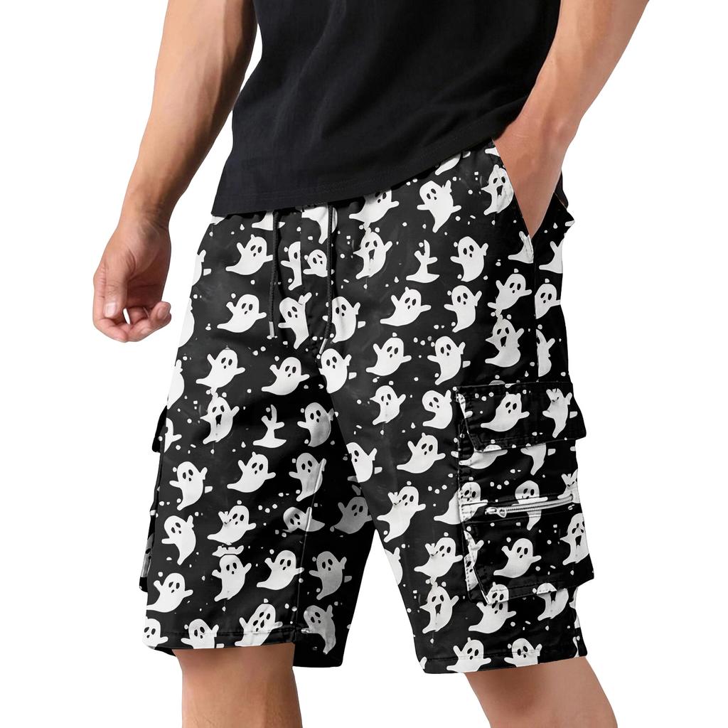 Pantaloncini Cargo da Uomo con Coulisse in Vita e Tasche con Stampa Teschio e Rosa Tema Halloween Vestibilità Larga Stile Streetwear