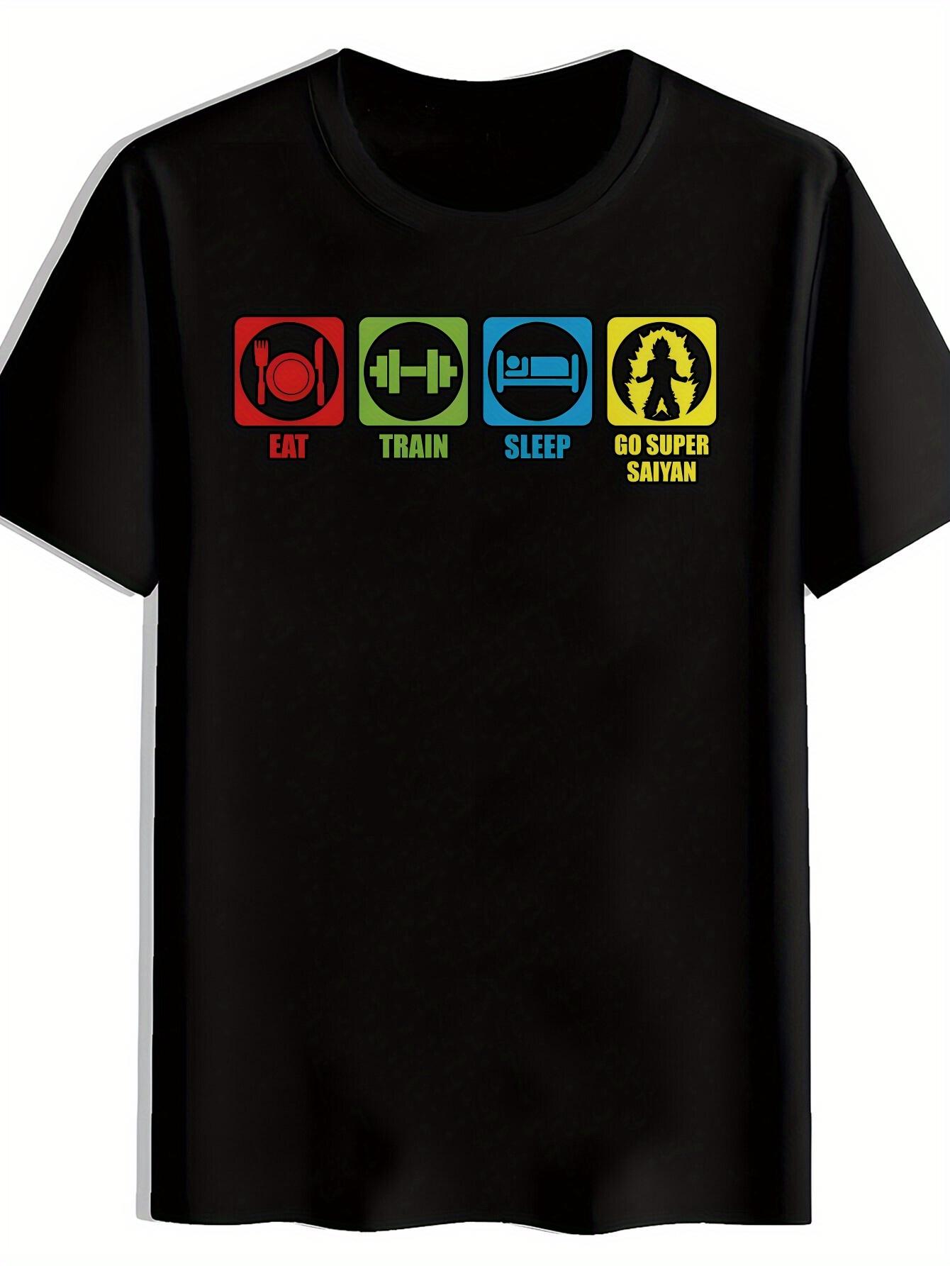 

Inspirational Eat Train Sleep Go Super Saiyan Graphic T-shirt - Black Polyester Crew Neck Tee with Colorful Icons XXXL