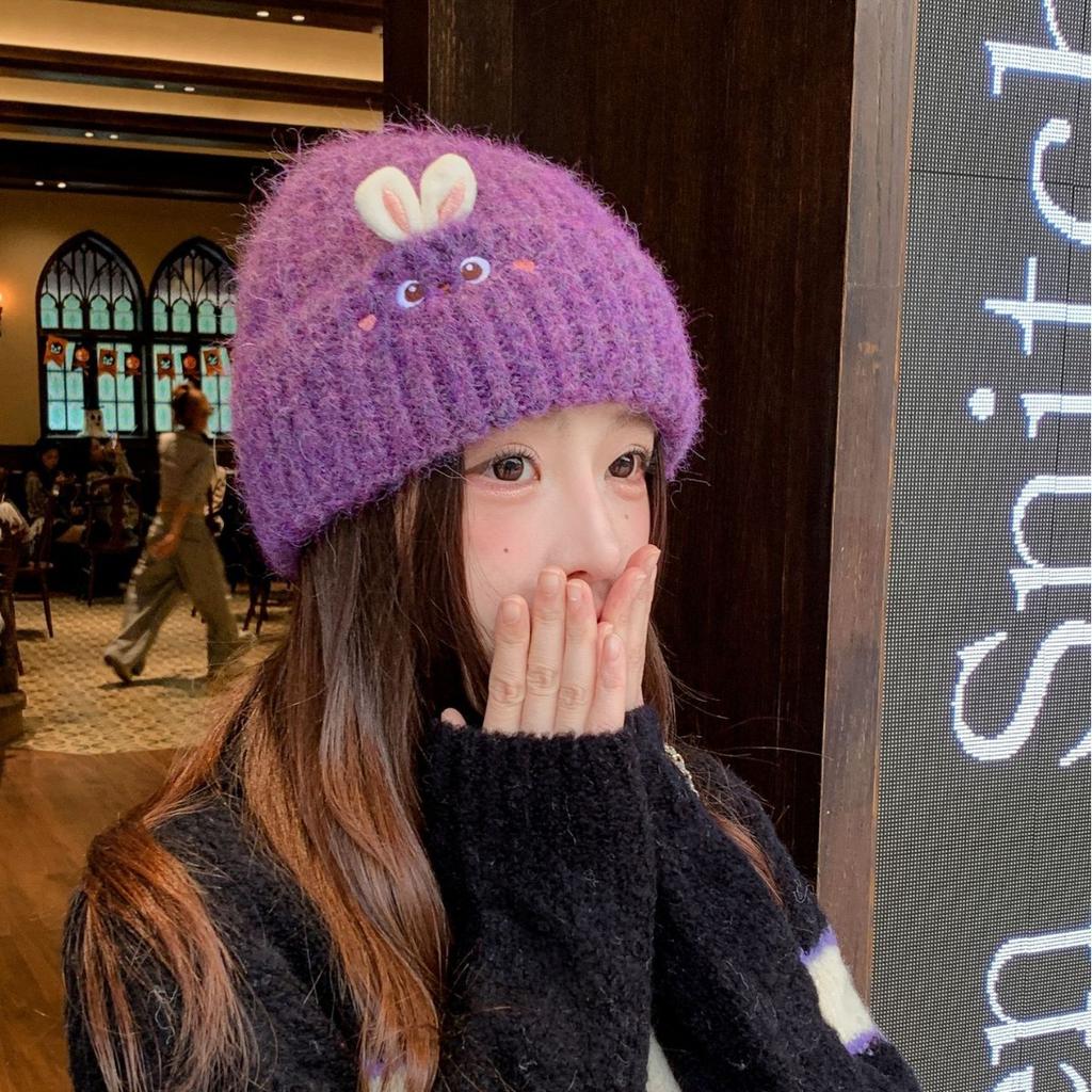 Winter Female Warm Cute Rabbit Knitted Hat Casual Versatile Thickened Warm Ear Protection Simple Wool Hat