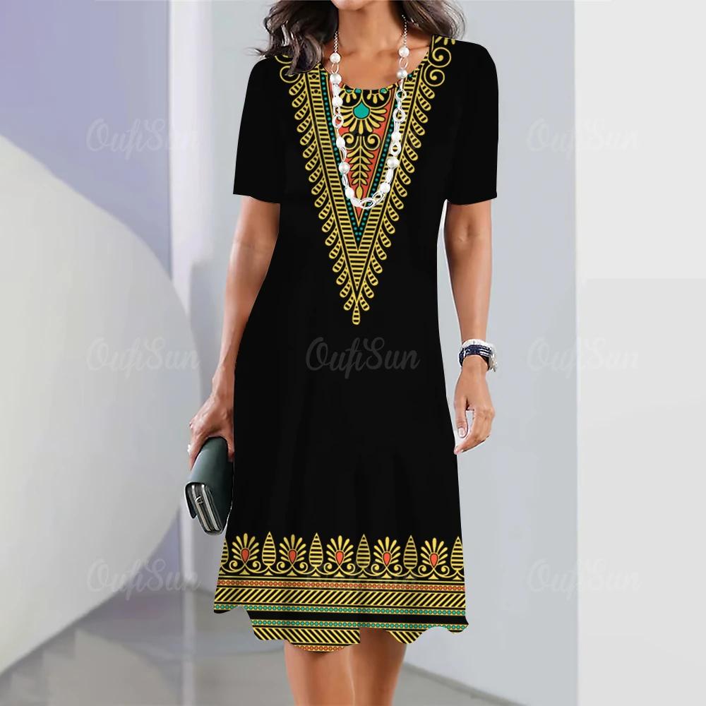 Women's Retro 3D Short-sleeved Pullover Summer Round Neck Dress Simple and Elegant Loose Skirt