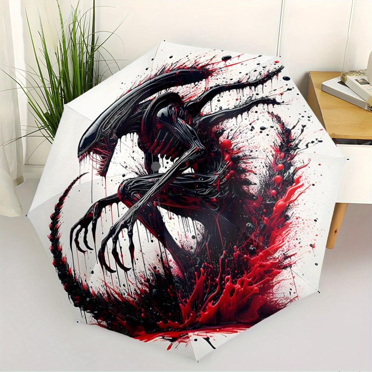

Xenomorph Alien Movie-Inspired Folding Umbrella with 8-Rib Automatic Open/Close System, Folding Design & Iconic Xenomorph Logo - Red & Black