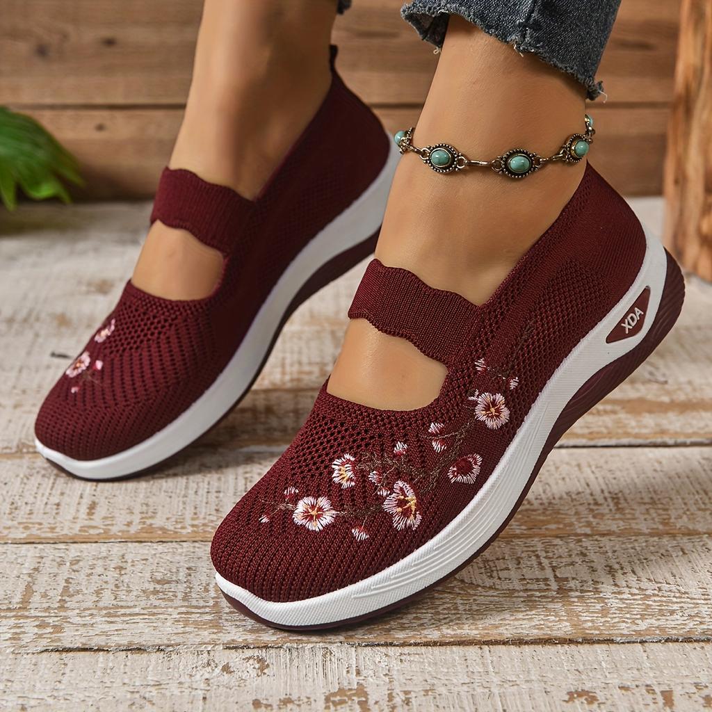 Women's Casual Slip-On Sneakers, Black, Green,   Grey and Maroon; Lightweight Low Top Sneakers with Cute Round Toe & Floral Design for All Seasons