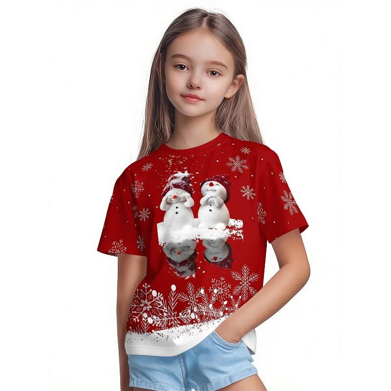 T-Shirt Girls 3D Printed Christmas Featuring Santa Claus Short Sleeve O Neck Casual Christmas Clothes Girls Top