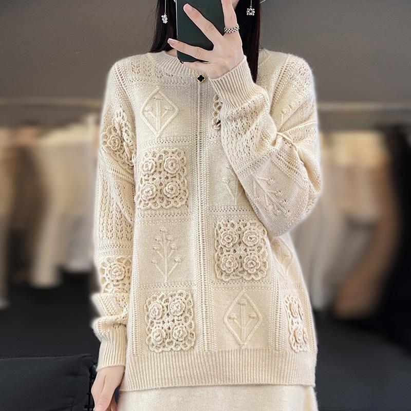 2025 Autumn/Winter Women's Loose Crochet Sweater, 100% Australian Wool, Low Round Neck, Trendy Korean Lazy Style