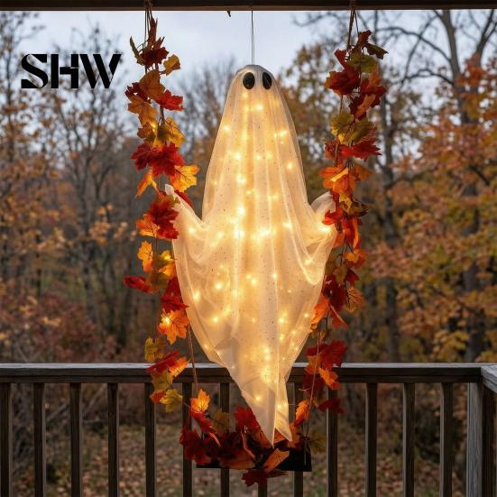Geheimnisvolle Feiertagsfensterdekorationen Schwingender Geist Außen Dekoration, Große Halloween Hänge mit Ahornblatt Spukbaum Schmuck Ranken Lichter