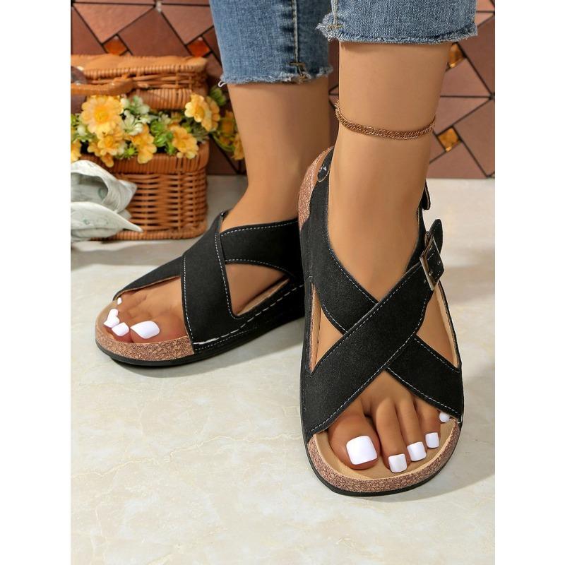 Damen Übergröße Neue Sommer Schnalle Peep Toe Flache Mode Europäisch Amerikanischer Stil Strand Kreuzriemen Sandalen