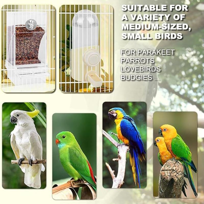 2PCS Bird Feeder and Waterer Set Treat Container AntiWaste Tray Durable ABS Cage Accessories for Small Medium Birds