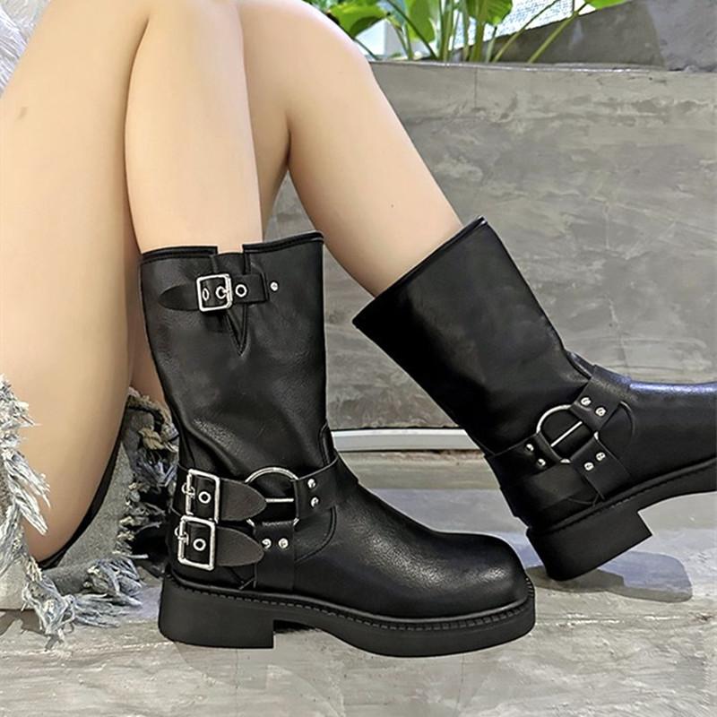 Gothic Buckle Platform Ankle Boots Women Combat Boots with Studs Winter Brown Mid-calf Boots for Women Motorcycle Botas Mujer