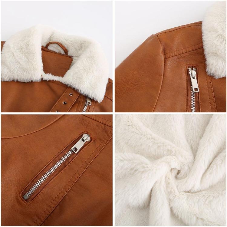 Women Fashion Slim Fit Pu Leather Jacket Long Sleeve Lapel Collar Zipper Fall Winter Coat
