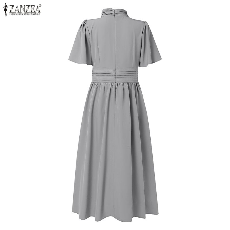 ZANZEA Women Casual Stand Collar Solid Color Summer Short Sleeve Dress