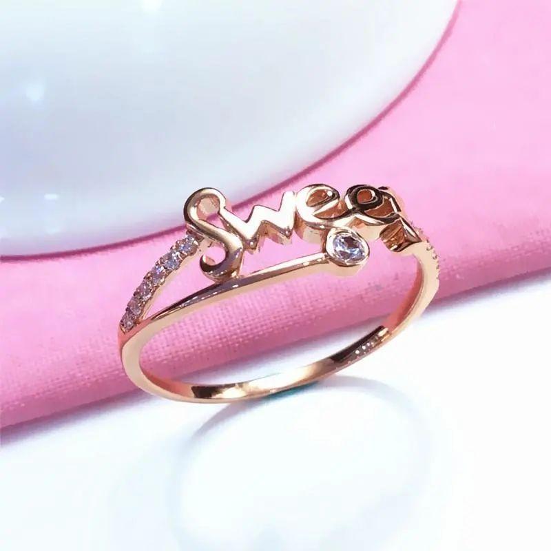 Purple Gold Color Gold Inlaid Zircon Letter Ring Simple Temperament Rose Gold Plated Live Ring Jewelry Women