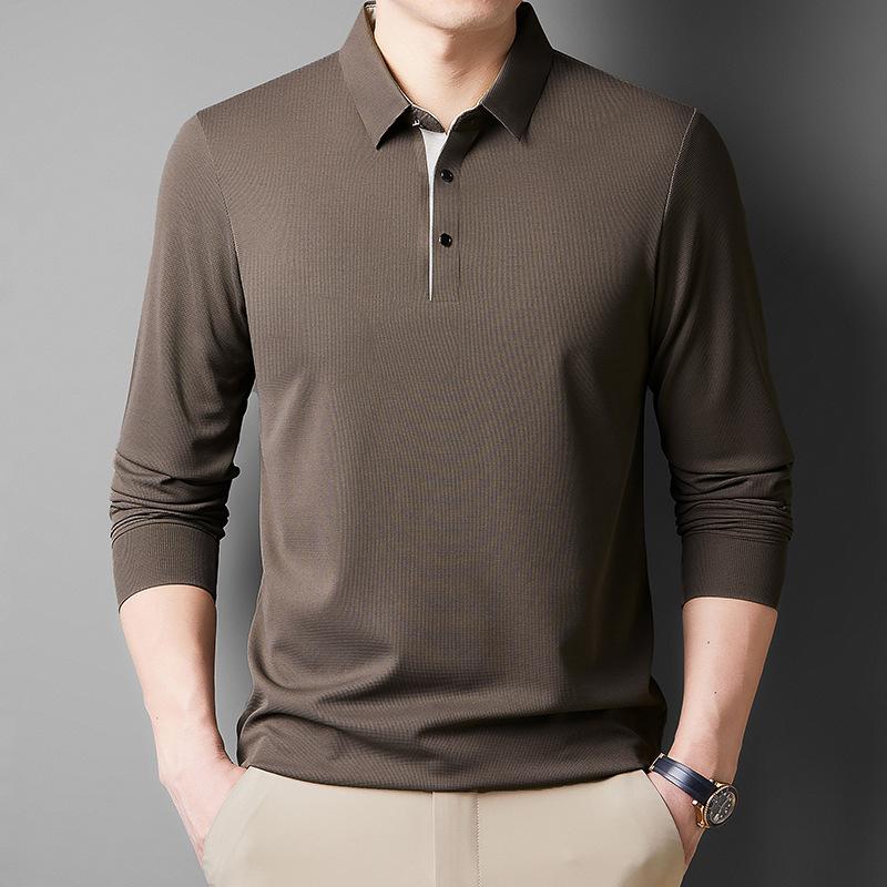 Men'S Seamless Long-Sleeved Polo Shirt Loose Splicing Mid-Lapel Bottoming Shirt T-Shirt