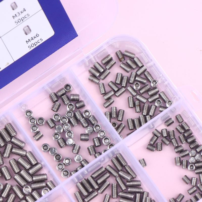 500pcs M2.5 M3 M4 DIN913 304 Stainless Steel Black Hex Hexagon Socket Allen Flat Point Grub Bolt Set Screw Kit Box