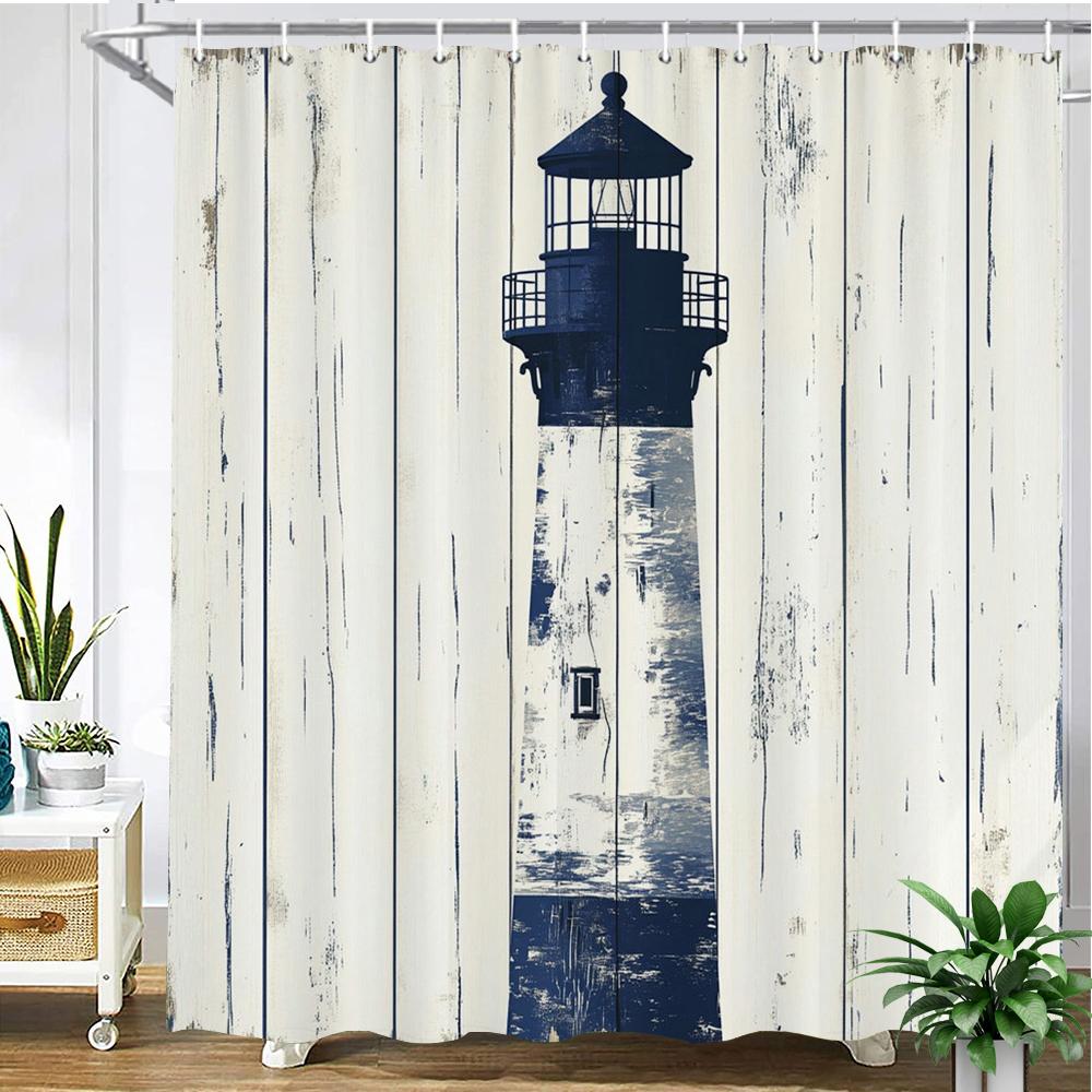 Retro Nautical Anchor Style Printed Fabric Shower Curtain, Ocean Navigation Style Bathroom Curtain Decoration, With Hooks