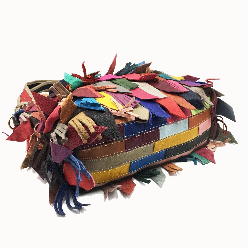 Women's European & American Genuine Leather Tassel Patchwork Tote Crossbody Bag - Colorful, Fashionable & Versatile