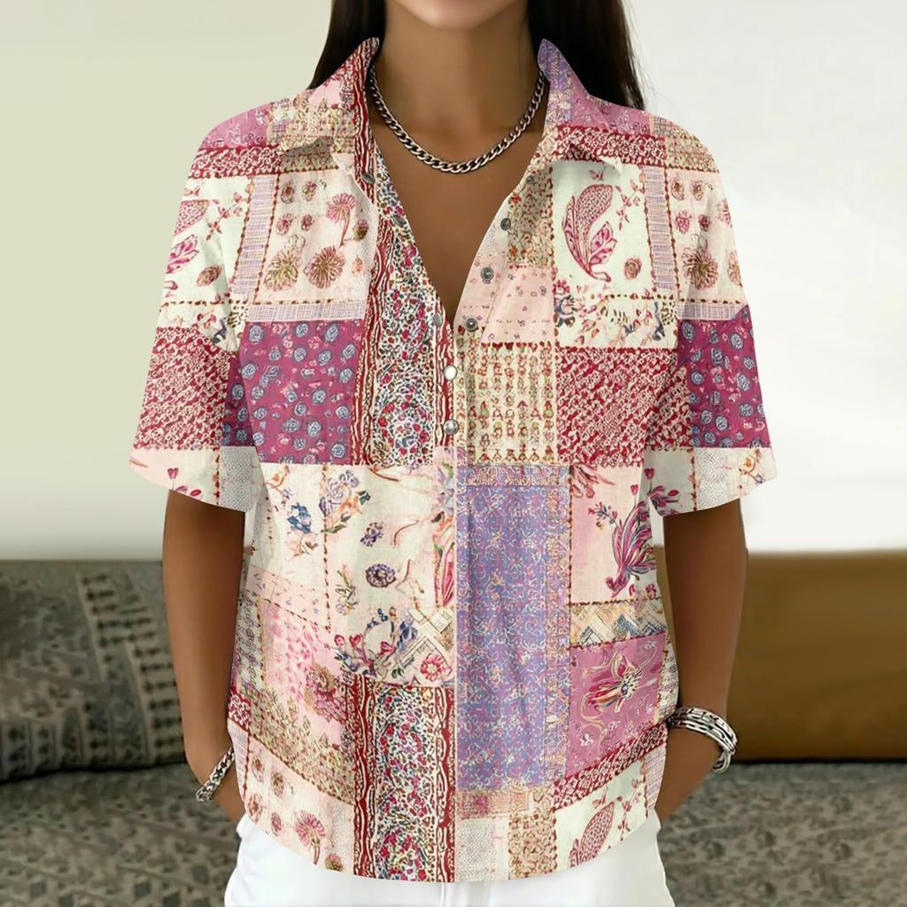 Damen Vintage Blumenmuster Polohemd Knopfleiste Kurzarm Lockerer Schnitt Lässiges Oberteil aus Baumwoll-Leinen-Stoff