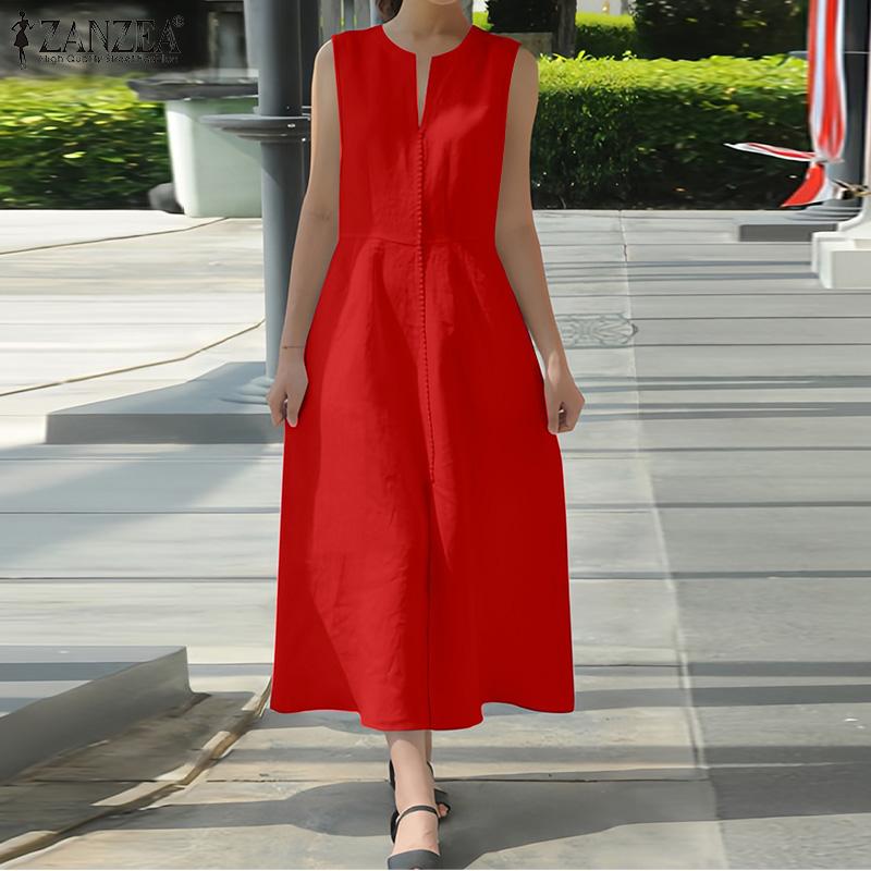

ZANZEA Women Casual V-Neck Solid Color Loose Summer Sleeveless Dress S красный
