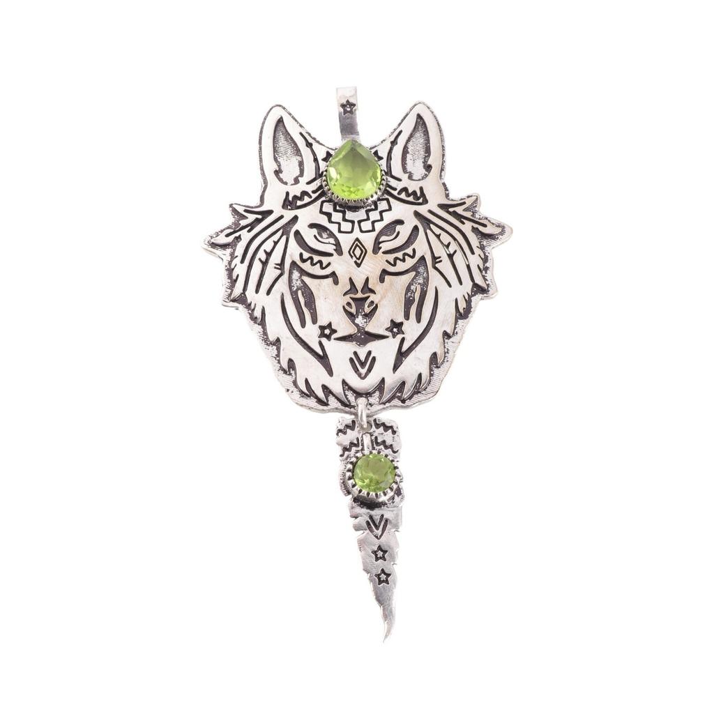Tiger Face Natural Peridot Gemstone Oxidized 925 Sterling Silver Pendant 4" CP-26-1