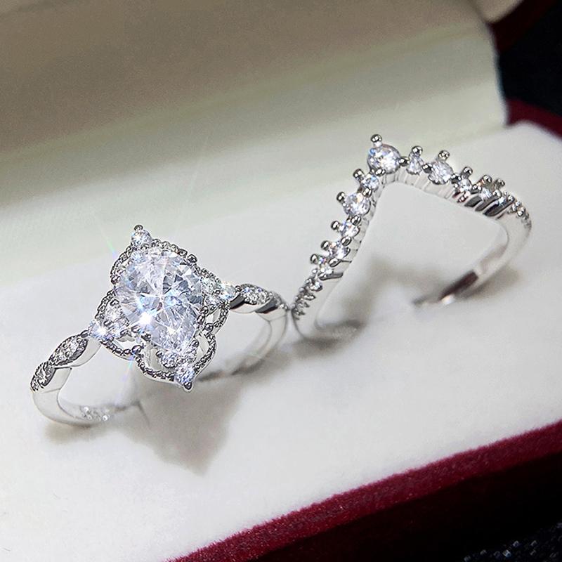 Huitan  New Designed Wedding Set Rings for Women Luxury Cubic Zirconia Engagement Party Temperament Female Finger Jewelry