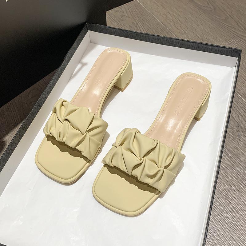 Fashion Womens Plus Size Square Toe Crinkle Strappy Slides Korean Summer 2025 Slip-On Sandals Comfortable Outdoor Casual Lazy Slippers