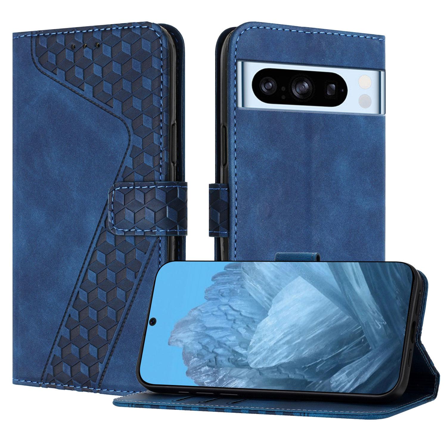 

For Google Pixel 8 Pro Leather Case 7-Shaped Pattern Wallet Stand Shockproof Phone Cover Blue