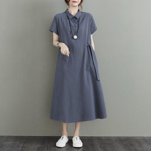 Summer Cross-border New Japanese Solid Color Cotton and Linen Lapel Short-sleeved Loose Dress Women's Medium and Long