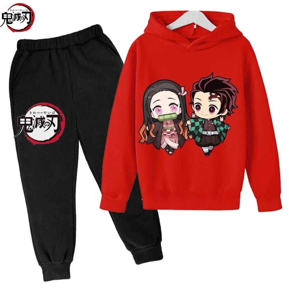 New Demon Slayer Cartoon Children Set Autumn Spring Sweatshirts Pants 2pcs Suit  Kid Boy Girl Clothes Casual Tracksuit