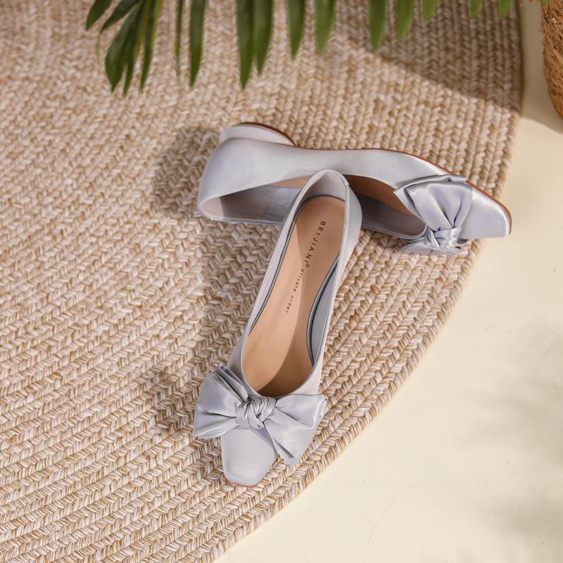 

Шелковые туфли из овчины с квадратным носком и бантом - Массивный низкий каблук, Мягкая подошва для весны/осени 37 серебряный серый