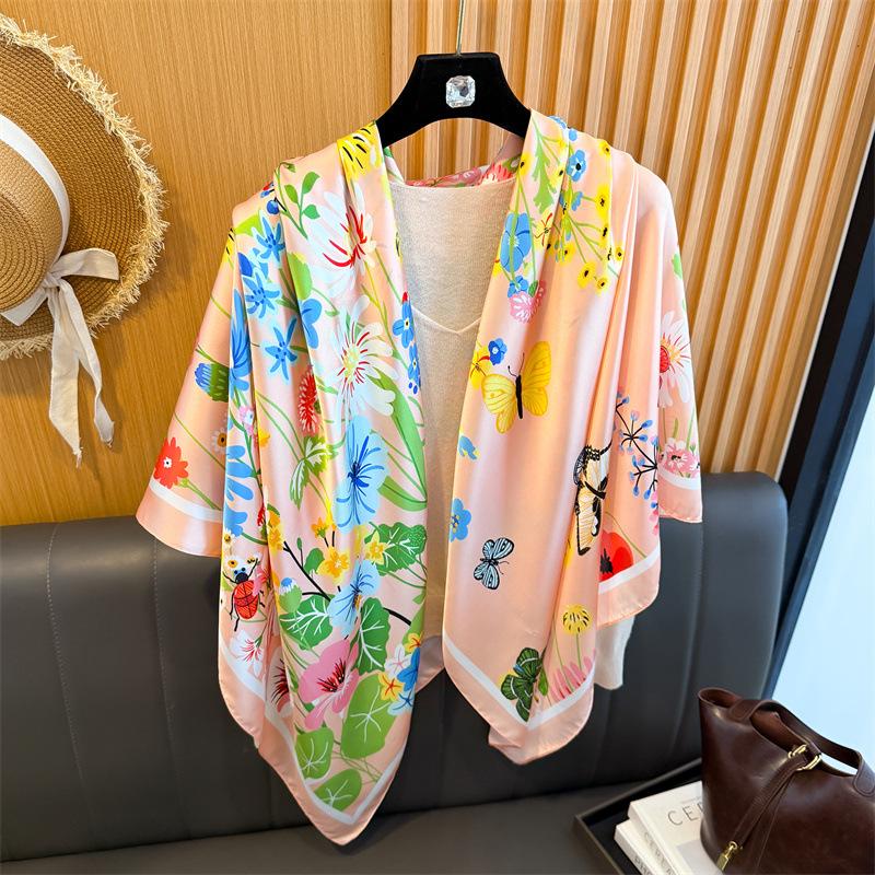 Butterfly Flower Simulation Silk Premium 111cm Large Square Scarf Silk Scarf Printed Shawl Sunscreen Scarf Headscarf Scarf