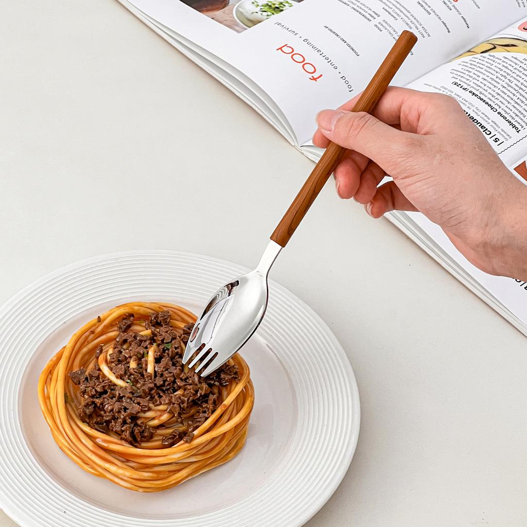 Wood Grain Cutlery Set 304 Stainless Steel Dinner Knife Fork Spoon Reusable Plastic Handle Dinnerware Set For Kitchen Restaurant