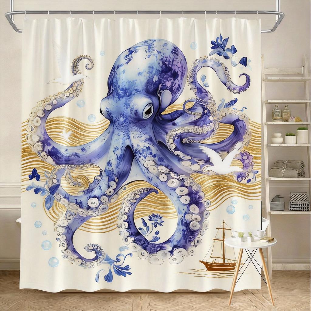 Octopus Shower Curtain Blue and White Porcelain Design, Artistic Ocean Creature Bath Curtain for Modern Bathroom Decor