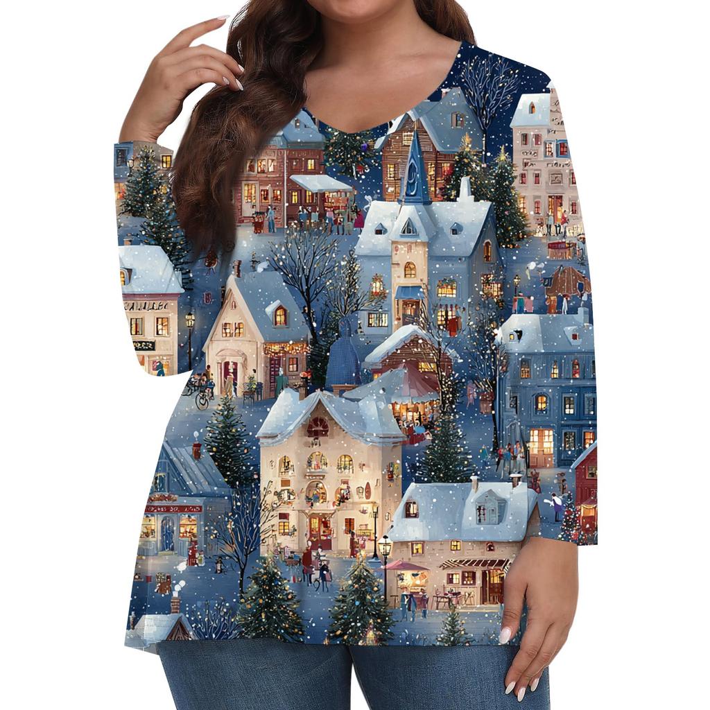 Women's Fashionable Casual Long Sleeved Plus Size Print Top Plus Size Floral Print Top