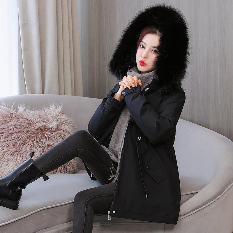 

Thickened Parka Jacket for Women 2026 Winter New Loose Fitting Large Collar Plush Jacket for Women M чёрный