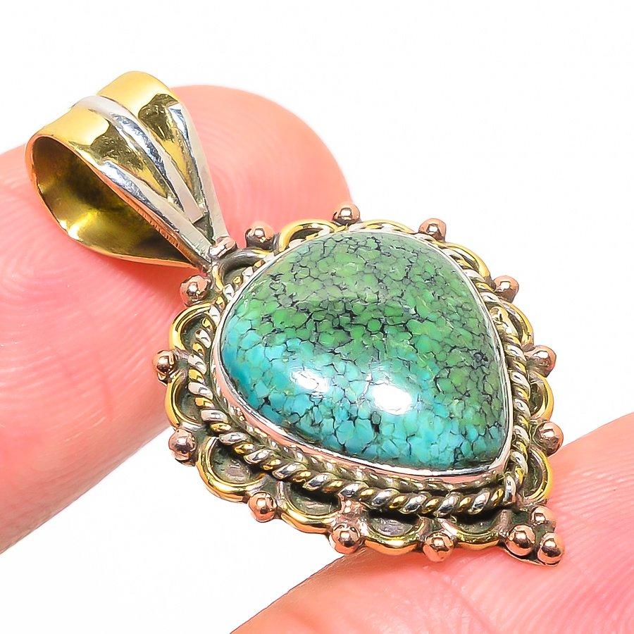 Naturlig tibetansk turkis tofarget 925 solid sterlingsølv anheng 1,25'' z0N46