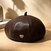 Women S Pu Leather Beret Sweet Cool French Vintage Warm Hat For Autumn Winter