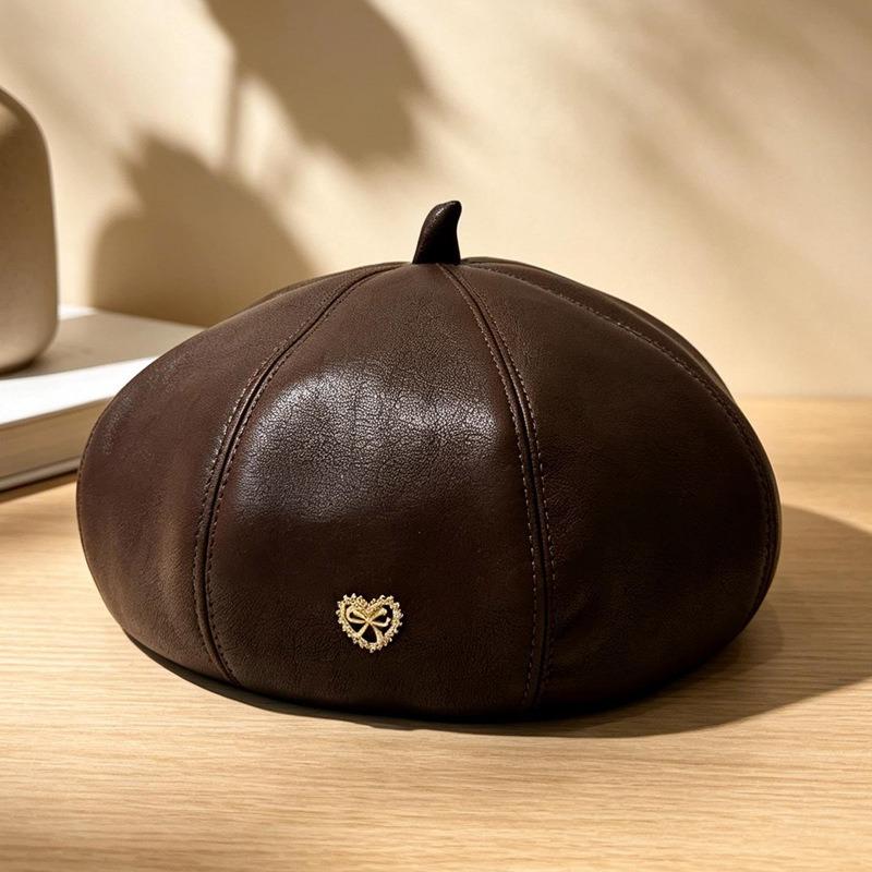 Women S Pu Leather Beret Sweet Cool French Vintage Warm Hat For Autumn Winter