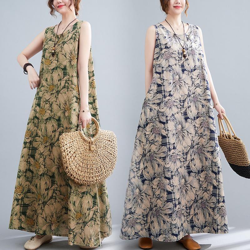 Real shot summer new large size retro literary loose printing sleeveless cotton and linen vest suspender long dress women