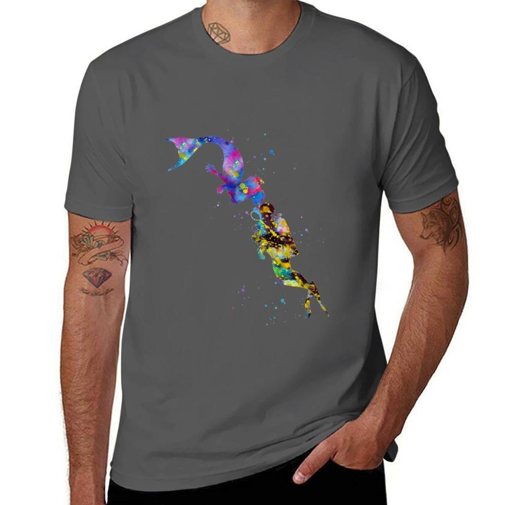 Mermaid Kissing a Sea Diver TShirt Basic Regular Fit Casual TShirt