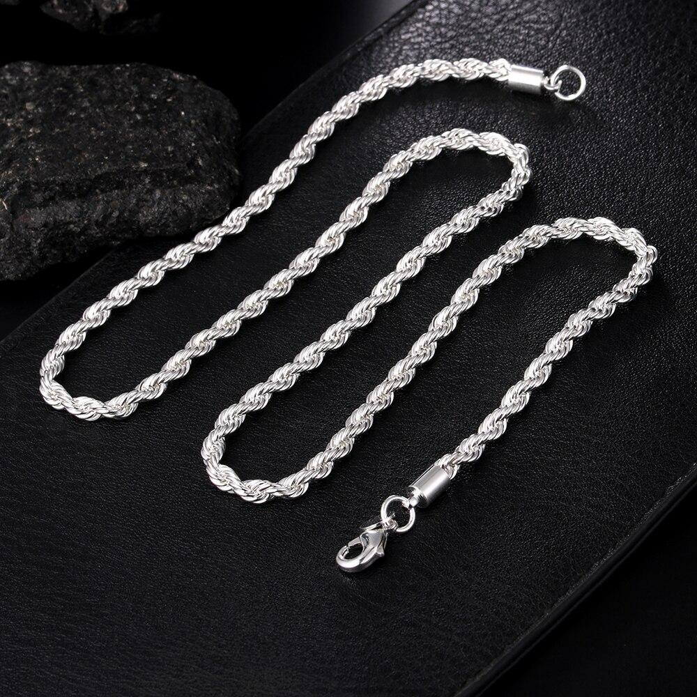 Silver Color 4mm Chain Male Twisted Rope Necklace Bracelets Fashion Women Men Silver High Quality Jewelry Set