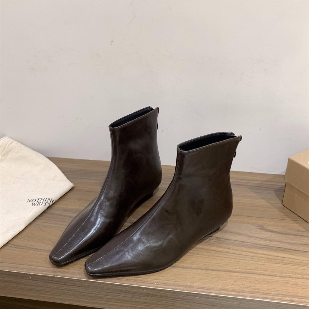 Thick Heel Pointed Tip Thin Brown Short Boots Women's Boots 2025 New Temperament with Skirt Autumn and Winter French Small Bare Boots