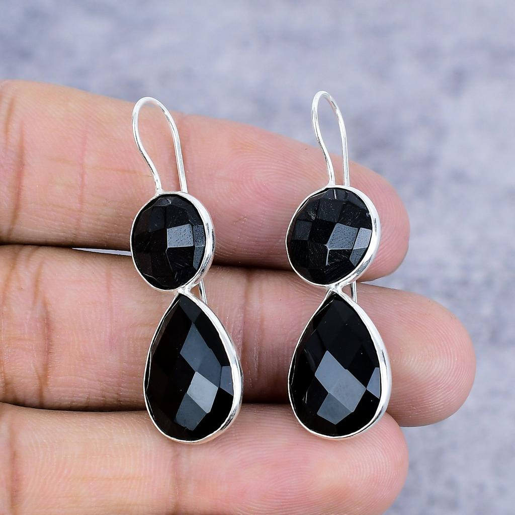 Black Spinel Gemstone Handmade 925 Sterling Silver Jewelry Earring 1.77" M-2627