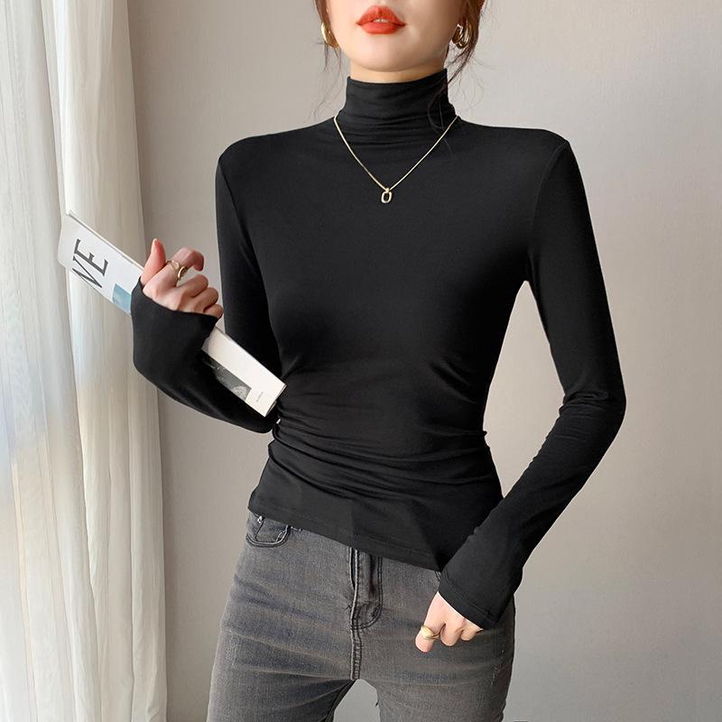 

Женский черный модальный топ с длинным рукавом, облегающий, с высоким воротником, базовый слой для весны, осени, зимы 2024. S (Suitable for 70-90 catties)