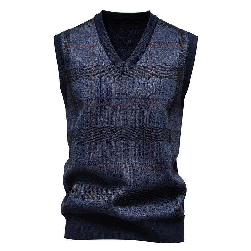 Men Thickened Fleece Plaid Loose Pullover Sleeveless Knit Sweater Vest