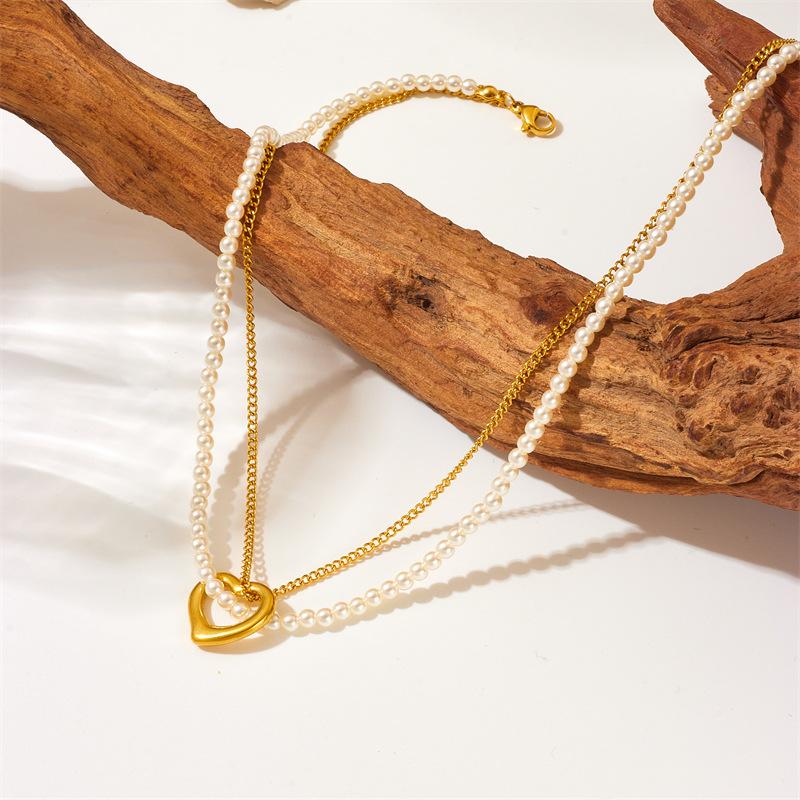 Gold Plated Heart Pendant Pearl Layered Necklace, Stainless Steel Double Chain Choker, Elegant Jewelry for Women Gift