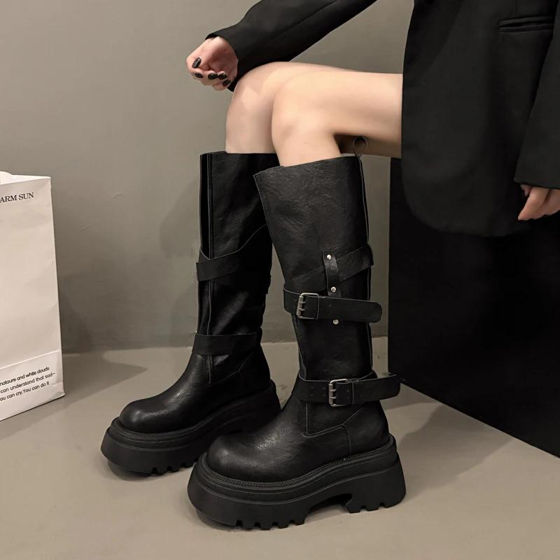 Brand New Women'S Long Boots Knee High Fashion Platform Shoes  Winter Soft Leather Gladiator Motorcycle Boots Mujer