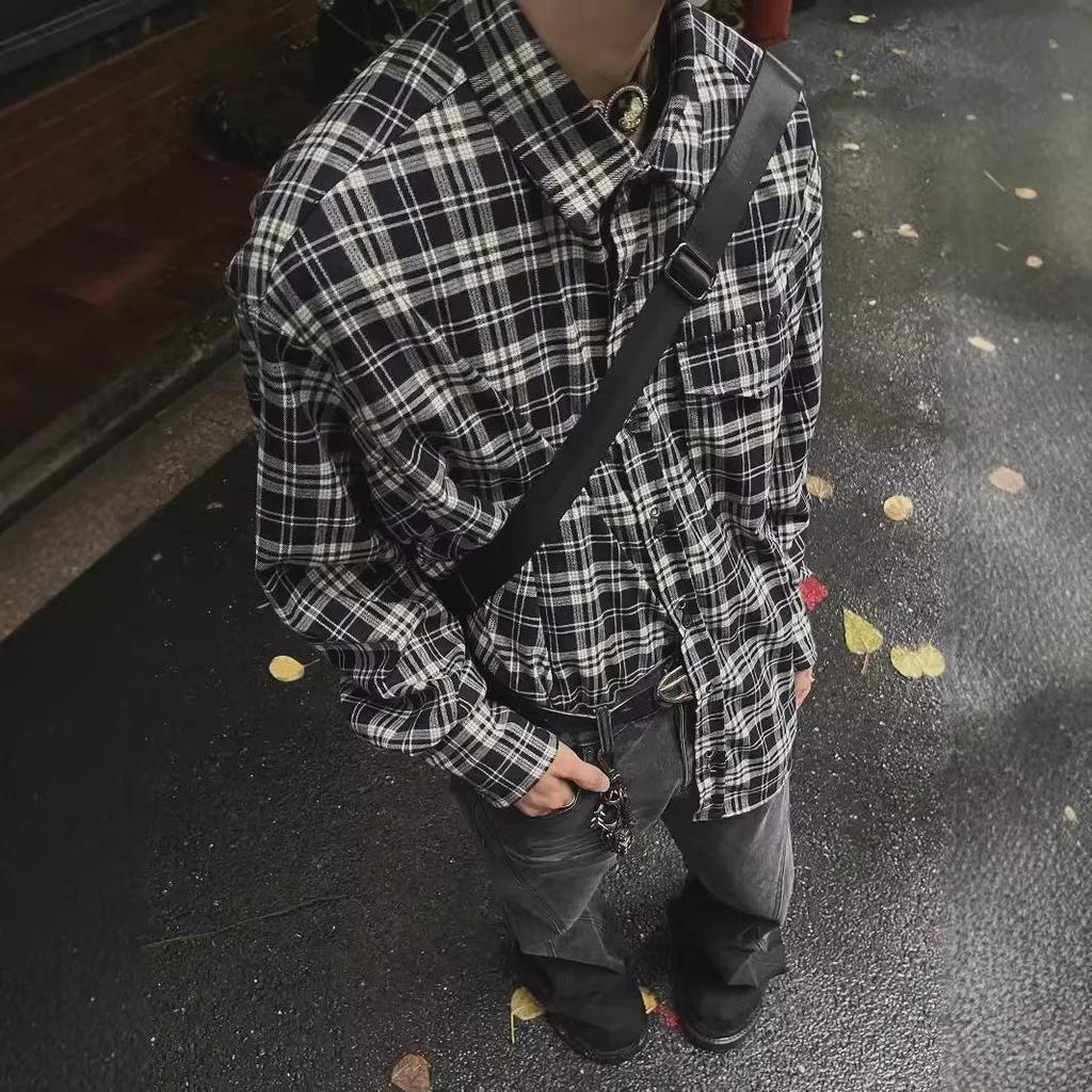 Men's Black and White Plaid Shirt - Loose, Casual, Spring/Autumn Style