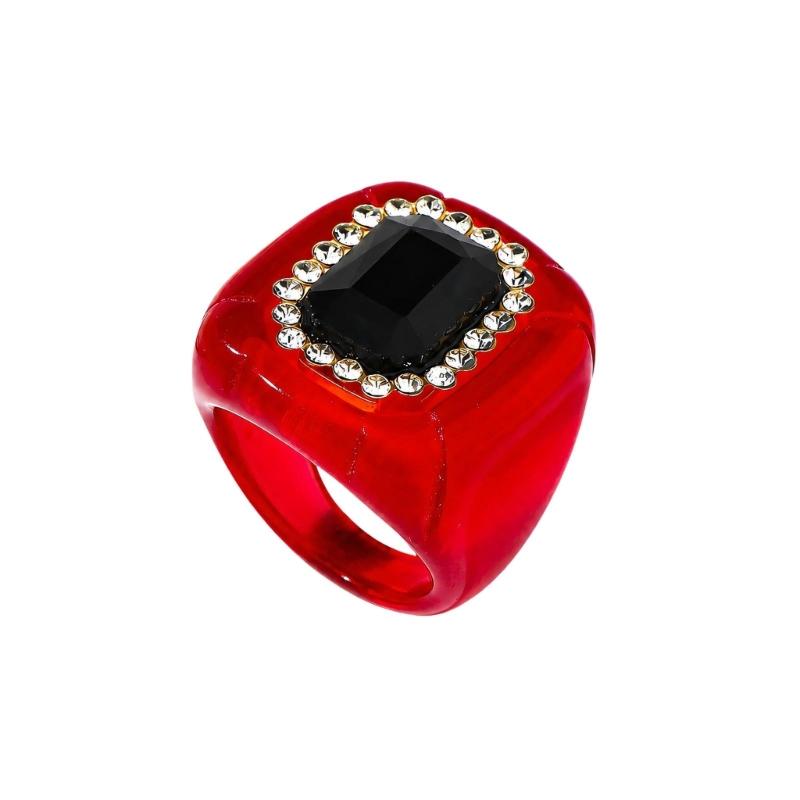 See-Through Resin Fashion Ring with Bold Square Profile, Raised Faceted Centerpiece and Accent Border for Outfit Styling