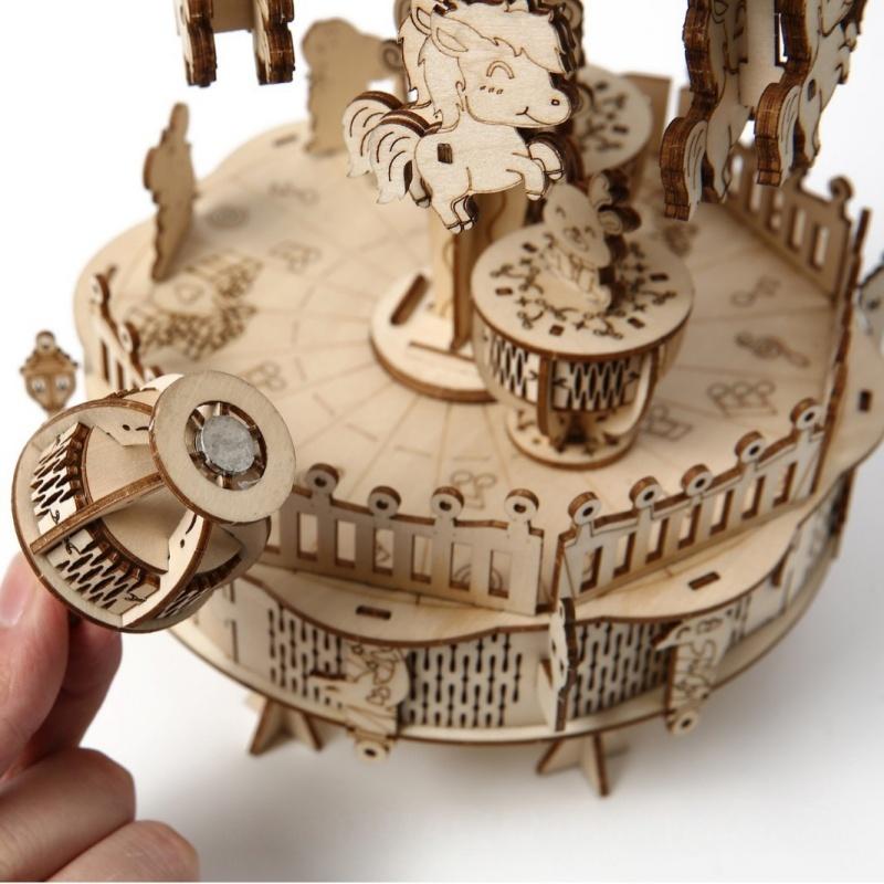 DIY Assembly 3D Wooden Vintage Carousel Music Box Romantic Rotating Ornament Decor Mechanical Kits Toys Gifts for Kids